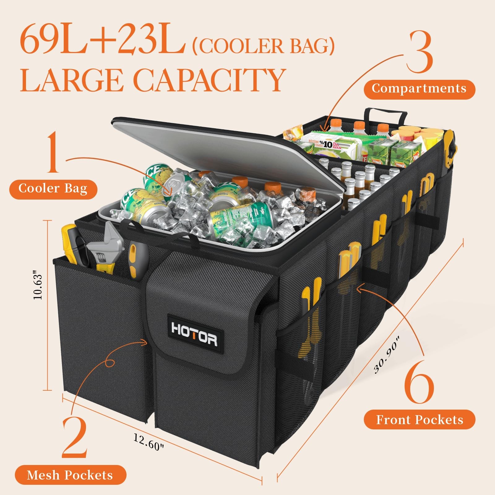 HOTOR Trunk Organizer, Sturdy Foldable with Cooler for Car  SUV, 3