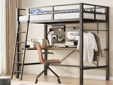 Twin Metal Loft Bed w/L-Shaped Desk, Charging Station Loft Bed Frame Twin Siz
