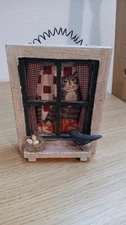 Vintage Wooden Cats In Window Decor Plaque