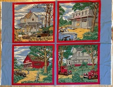 Vtg TIFFANY LAUREN Lincoln Textiles Fabric Pillow Panel Nostalgic Buildings Auto
