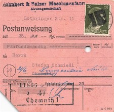 891808) SBZ Postanweisung mit AP 794 I aus Chemnitz nach Lunzenau, Nachsendung