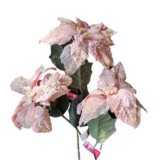 3 LG Pale Pink  Gold Poinsettia 9" Silk Velvet Flower Stems Bead Encrusted NWT
