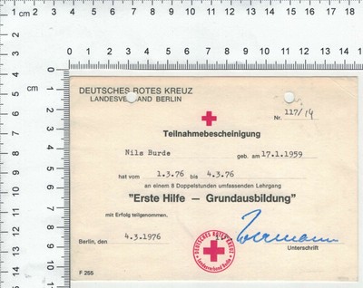 DRK Teilnahmebescheinigung 'Erste Hilfe -Grundausbildung, Berlin 1976