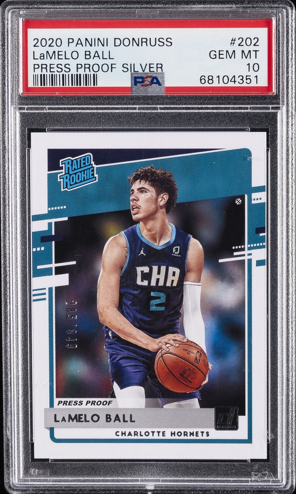 2020 PANINI DONRUSS PRESS PROOF SILVER #202 LAMELO BALL ROOKIE RC 285/349 PSA 10