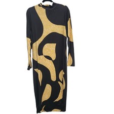 SHEIN Curve Black Yellow Abstract Graphic Mock Neck Long Sleeve Maxi Dress 1XL