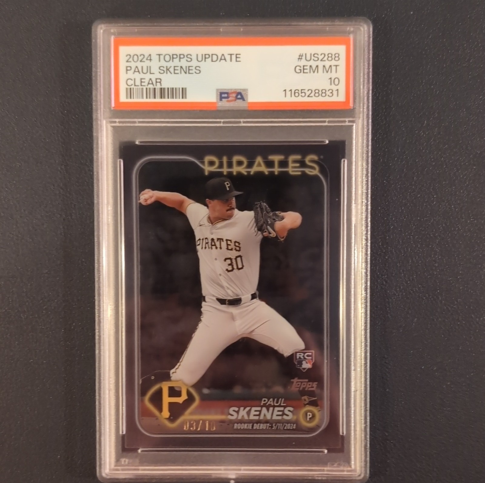 Topps 2024 Update Paul Skenes Rookie Debut Clear 3/10 PSA 10 US288 Pirates