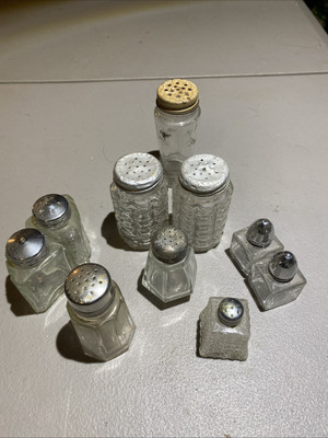 Vtg Lot of 10  Silver plated lids Crystal Salt & Pepper Shakers SOME lids DENTED