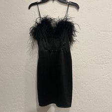 SHEIN Black Satin Feather Trim Mini Dress Women’s M Party Holiday Cocktail Glam