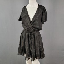 Mi Ami Women's Black Metallic Lurex Flutter Sleeve Wrap Mini Dress Party Club S