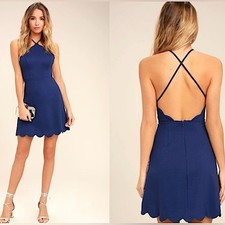 LUSH x Lulus Your Everything Backless Skater Short Mini Dress, Navy Blue, Size S