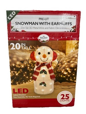 Pre-Lit Snowman 20'' With Scarf And Earmuffs  Tall Light Up Christmas Outdoor 