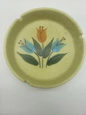 Retro Green Speckled Pottery Ash Tray Tulips 5" MCM T27