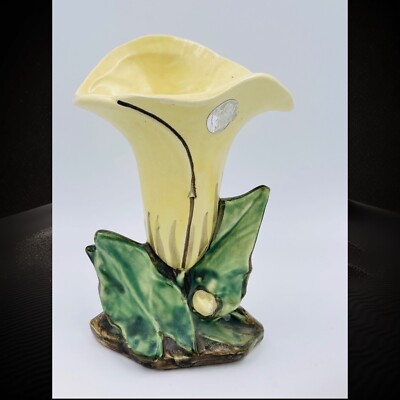 1940's Vtg McCoy Art Pottery Single White Calla Lily Green Leaf