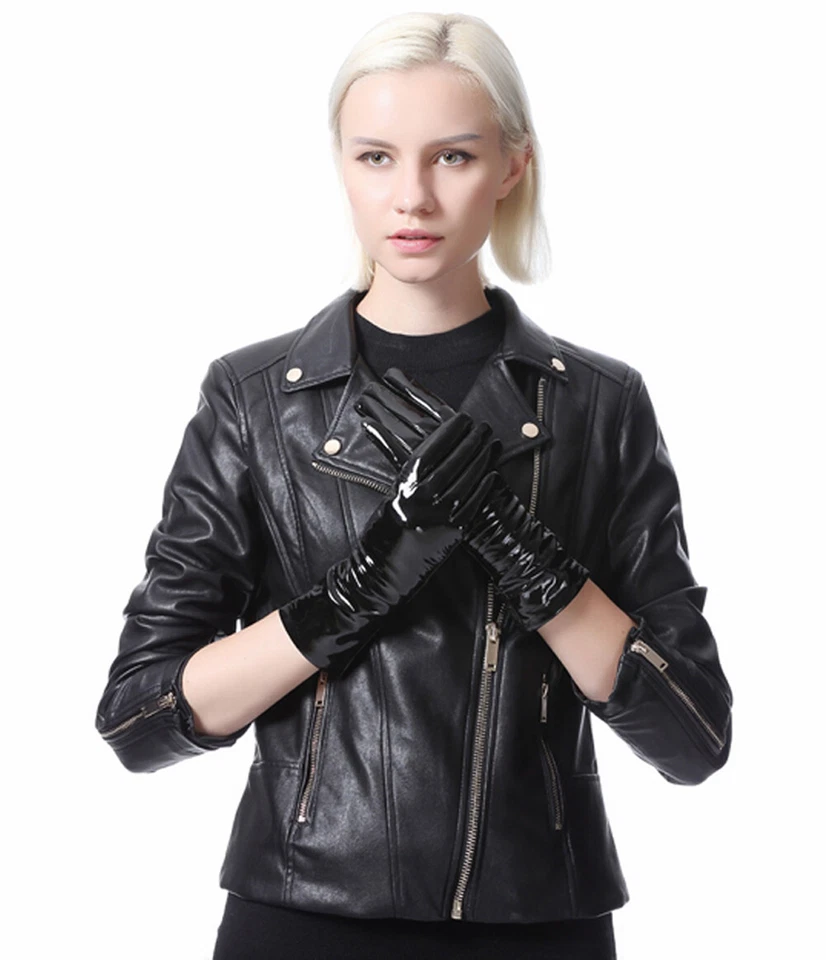 Guantes de charol brillantes reales con volantes medio largos para mujer en negro Foto 3 de 4