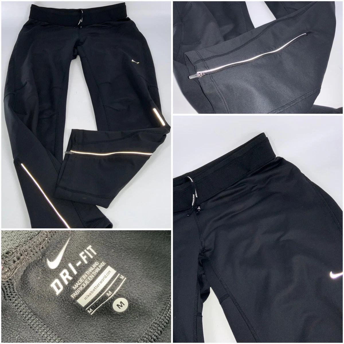 Nike Dri-Fit Running Tights Pants M Men Black Poly Lycra Zip Ankle YGI  F3-188