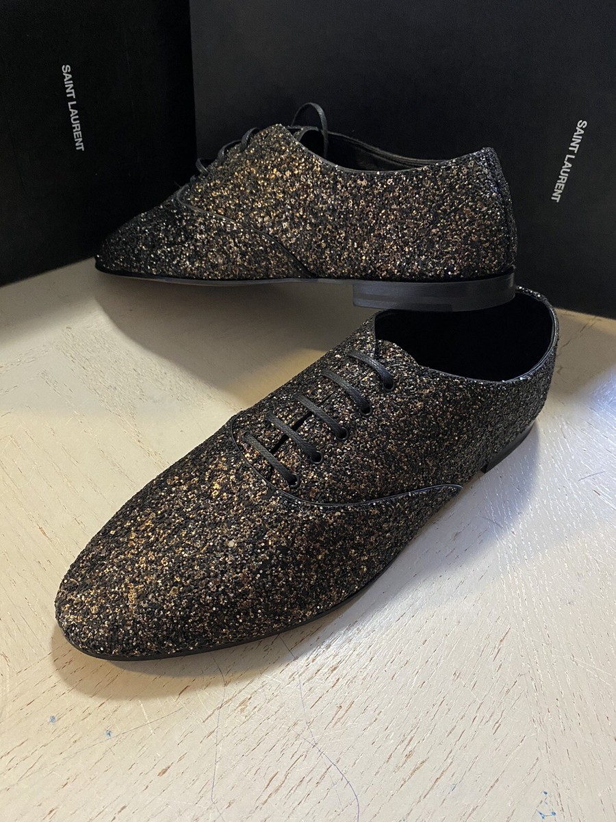NIB $1095 Saint Laurent Men Glitter Midnight Leather Shoes Black