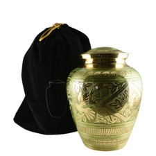 Solid Brass Etched Green  Gold Adult Cremation Urn for Human Ashes