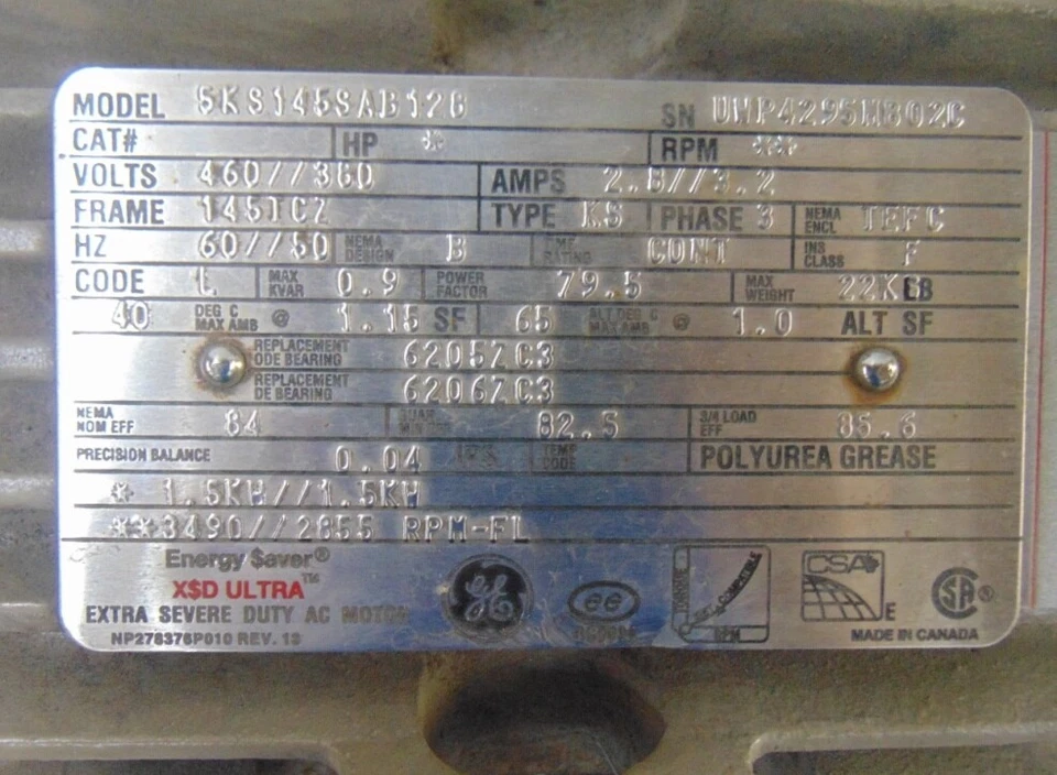 GE EXTRA SEVERE DUTY AC MOTOR, 5KS145SAB128, HP 1.5KW, FRAME 145TCZ, RPM 3490 - Image 2 of 4