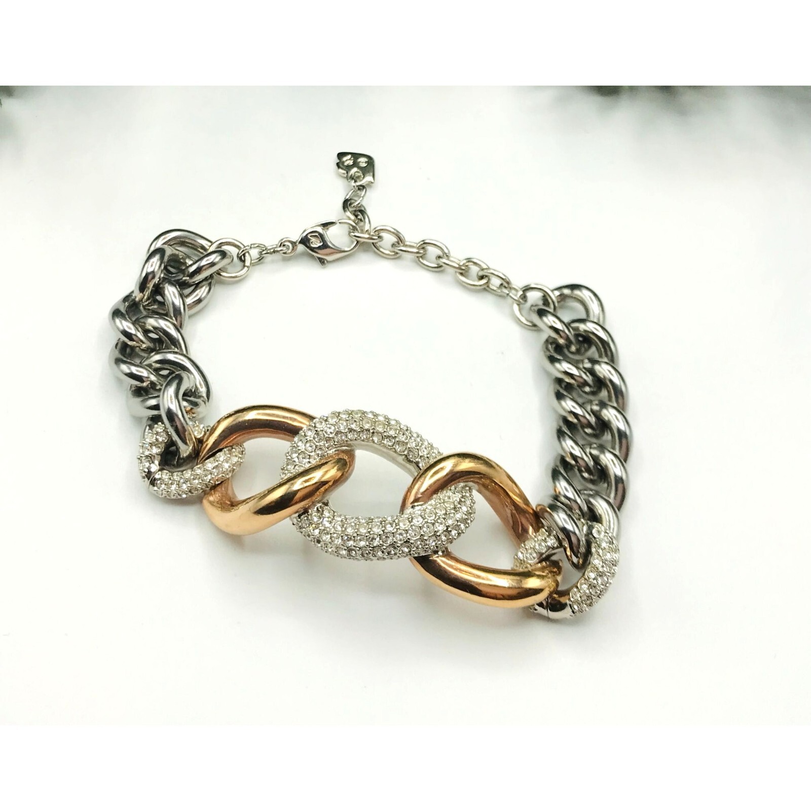 Swarovski rhinestone silver gold tone chain link bracelet 8 inch-image