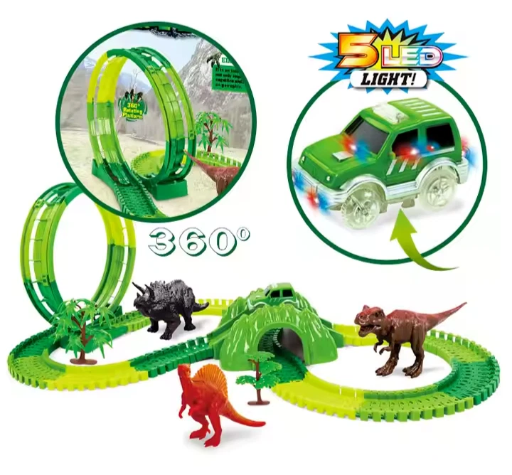 DIY 154-Pcs Dinosaur Tracks Car Toy Magic 360 Loop Tracks w/ Five  LED Lights - Image 3 of 4