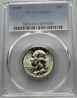 1949 P  Washington Silver Quarter, PCGS MS64, Philadelphia  Mint￼