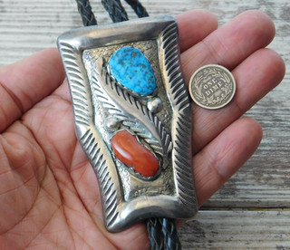 Vtg Old Pawn ZUNI SIMPLICIO Turquoise Red Coral Sterling Silver BOLO TIE 66.5 g