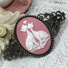 Large Cameo Hair Clip Barrette Wedding Birthday Gift Pink White Cat Kitten Lover