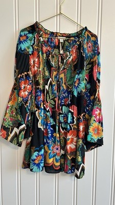 Spense Women s Colorful Boho Peasant Style Blouse Bell Sleeve Elastic Neck SizeL