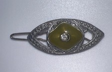 Vintage Art Deco Enamel Hair Clip Metal Barrette Rhinestone Olive Green