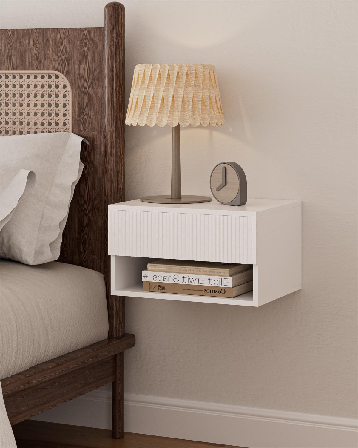 Modern Floating Nightstand with Drawer and Shelves for Bedroom or Bathroom Storage