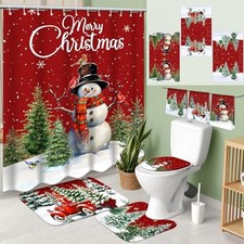 7 Pcs Christmas Shower Curtain Set Merry Christmas Bathroom Classic Style