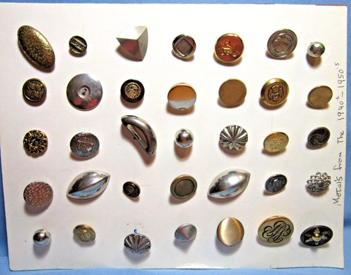 Carded Collection of 35 Vintage 1940-50's METAL BUTTONS  Assorted Pressed Shapes