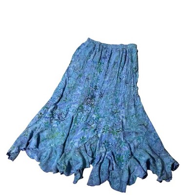 Mission Canyon Boho Floral Maxi Skirt Womens OS Blue Batik Ruffle Hem Flowy