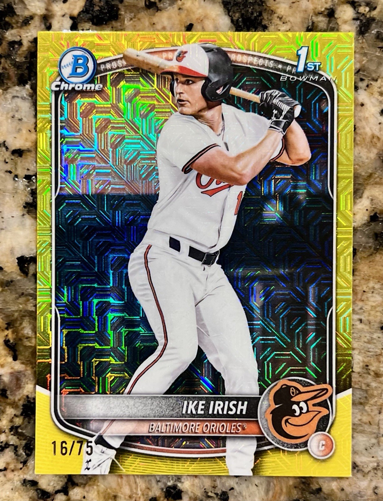 2025 Bowman Draft Mega Box IKE IRISH #BDC-16 Yellow Mojo Refractor /75 ORIOLES