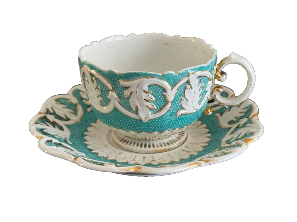 Meissen Porcelain Turquoise Blue with Raised White & Gold Gilt Cup and Saucer - Image 2 of 4