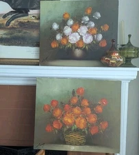 Pair of Vtg Still Life Oil Painting on Canvas Floral Orange Rose Signed Laney