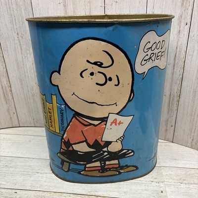 1969 Vintage Peanuts Cheinco Blue Metal Trash Can Snoopy and