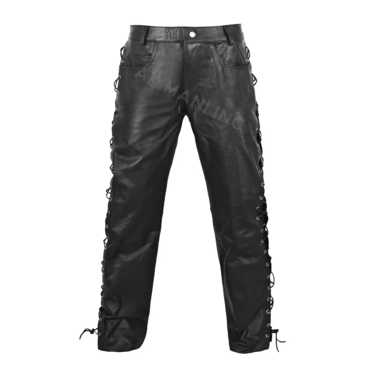 Men's Genuine Leather Pants 5 Pockets Black Leather Motorbike Side Laced