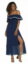 Vince Camuto Navy Off The Shoulder Front Slit Maxi Dress Sz S- Pompom Trim