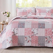 Alaska King Size Pink Grey Floral Plaid Patchwork Quilt Set 132x120 Extra Wide