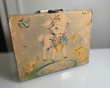 1950s Vintage Doll Wooden Suitcase With Latch Lamb Graphics 12 in x 8 in