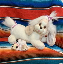 Vintage Puppy Surprise Mom Tan White Dog Plush 1991 Hasbro 2 Puppies Pink Bows
