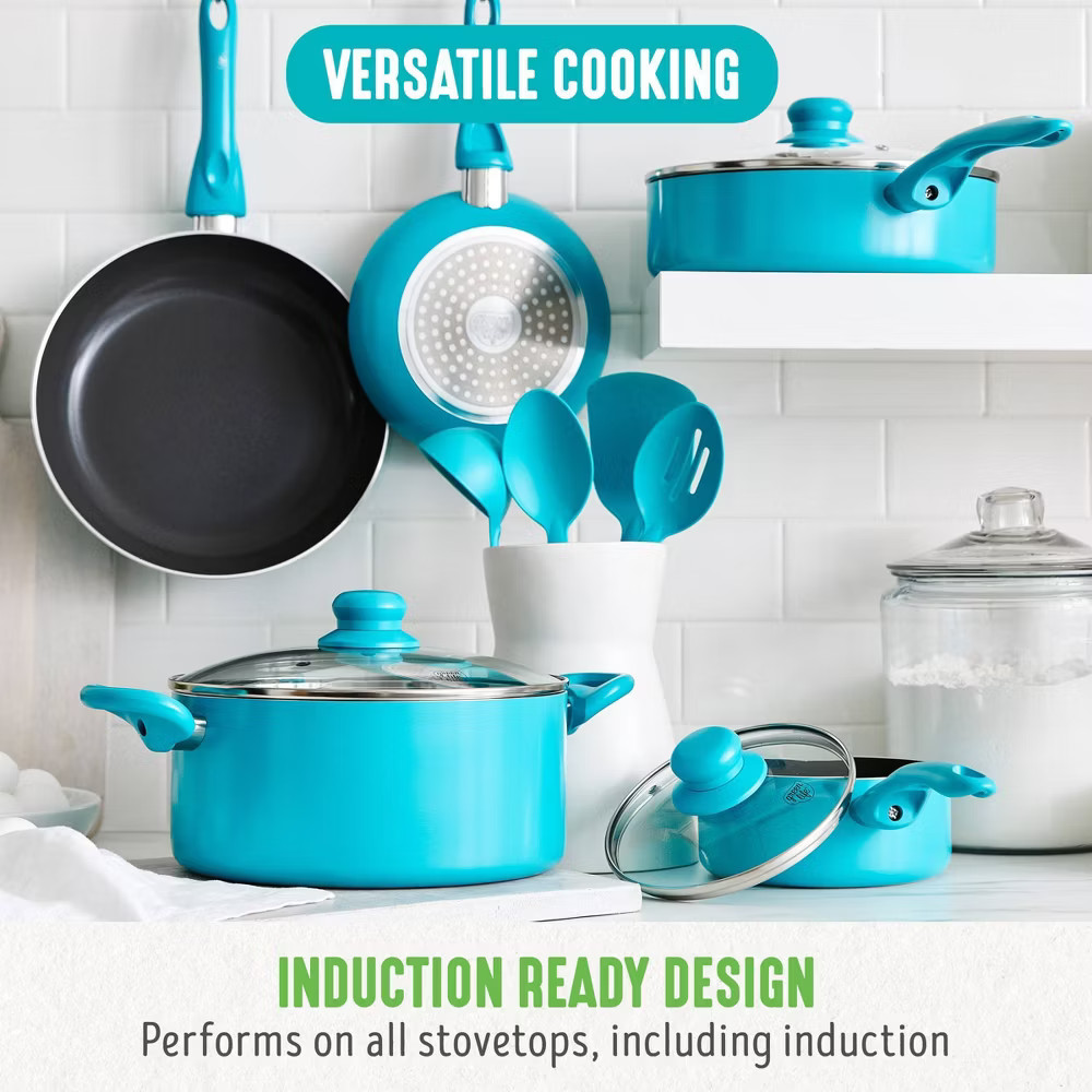GreenLife Essentials 12pc Ceramic Nonstick Aluminum Cookware Set Caribbean Blue
