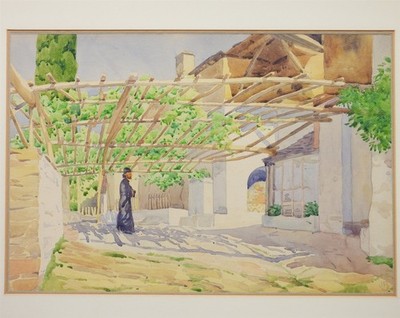 Man On Shaded Patio WC Painting Signed JB ex. Verne Gallery NY 