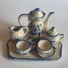 Vintage Miniature Delft Blue White Porcelain Tea Set 9 Pieces