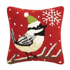 Peking Handicraft Chickadee with Snowflake Holiday Hook Pillow, 10" Square