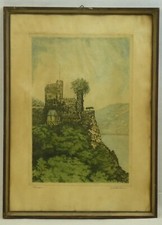 (H899) Farbradierung Radierung "Schloss Rheinstein" Fritz Hartmann