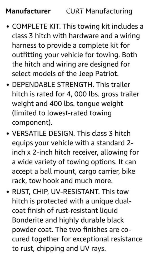 Engate de reboque novo na caixa Curt classe 3 com receptor de 2 polegadas para Jeep Patriot  - Imagem 3 de 4