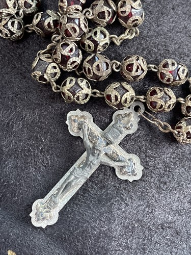 Vintage Roma Italy Rosary Carved Faceted Red Stones Ornate Design - Picture 3 of 7
