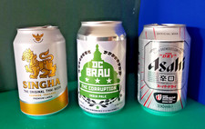 SET x 3 EMPTY 330/355ml BEER CANS ASAHI JAPAN, SINGHA THAILAND, DC BRAU ENGLAND